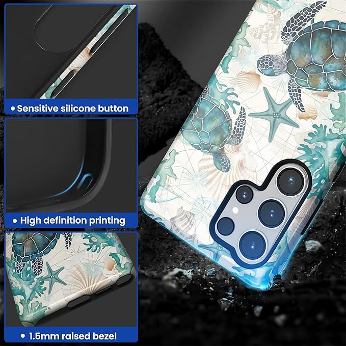 for Samsung Galaxy S25 Ultra Case,HL2 Ocean Sea Turtle Nautical Map Hybrid 2 Layer Hard Shell Silicone Protective Pattern Design Case