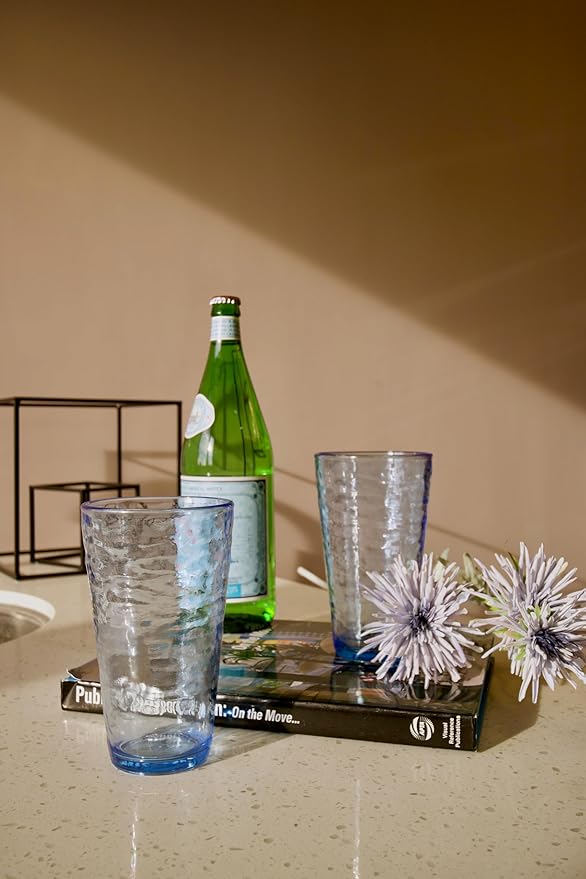 KLIFA- RIPPLE- 16 & 22.5 ounce, Set of 8, Acrylic Tumbler & Highball Drinking Glasses Cups, BPA-Free, Stackable Plastic Drinkware, Dishwasher Safe, Ocean Blue