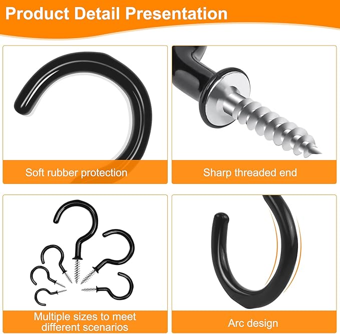 100 PCS Screw in Cup Hooks,6 Size Vinyl Coated Screw Hooks,Multipurpose Ceiling Hook Wind Chimes Kitchen Cup Hook for Hanging Indoor & Outdoor Use(Black)