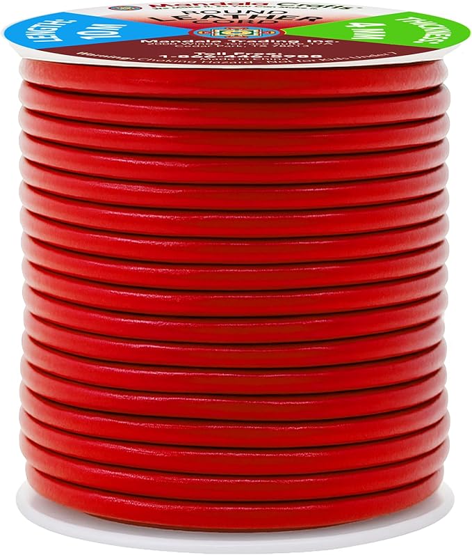 Mandala Crafts Round Cowhide Genuine Red Leather Cord for Jewelry Making Kumihimo Leather Rope Spool - Red 11 Yds 4mm Cording