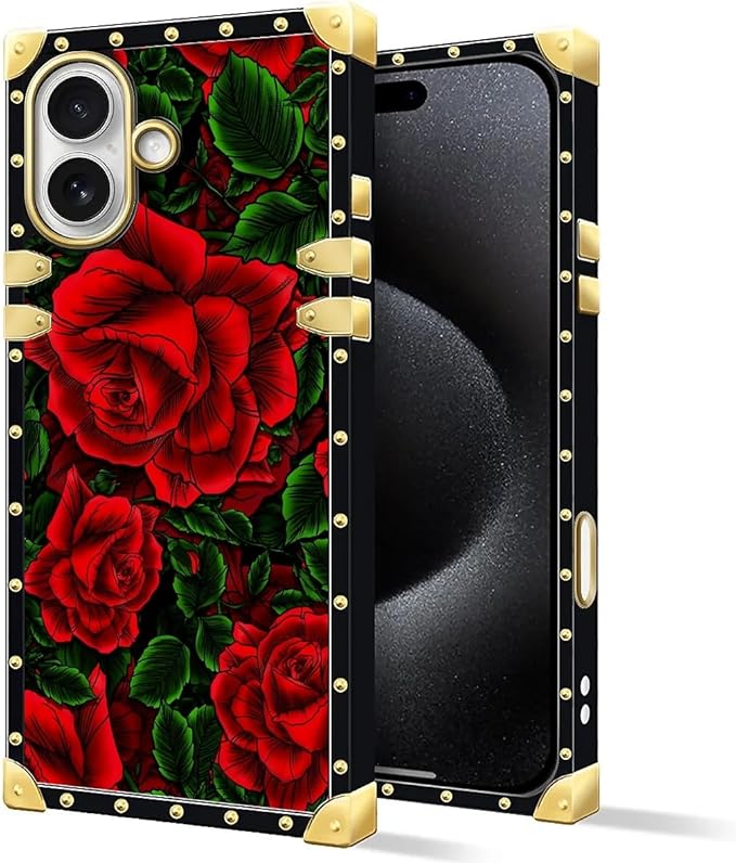for iPhone 17 Case Luxury Golden Decoration for Girl Women Soft TPU Shockproof Protective Hard PC Back for iPhone 17 Crazy Pattern Vector Red Rose Green Leaf