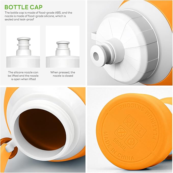 Collapsible Lightweight 20oz Water Bottle, Food-Grade Silicone BPA Free, Foldable Portable Leak Proof Office Travel Cycling Sports Outdoor Water Bottle with Vertical Hook (orange, long nozzle)
