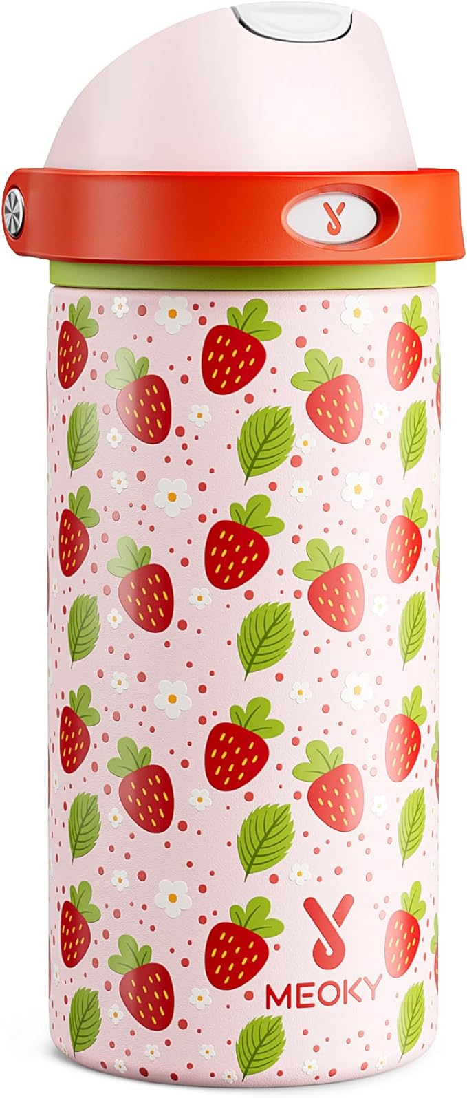 18 oz Insulated Water Bottle for Kids: Meoky Stainless Steel Water Bottle with 2-in-1 Straw and Spout Lid - Leak Proof, Cold for 24 Hours, BPA-Free for Girls School Sports, Strawberry Garden