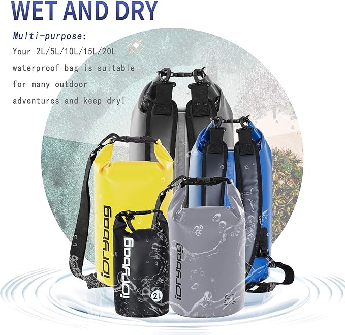 IDRYBAG Dry Bag for Kayaking Waterproof 2L/5L/10L/15L/20L, Small Dry Sack Waterproof Bag for Boating