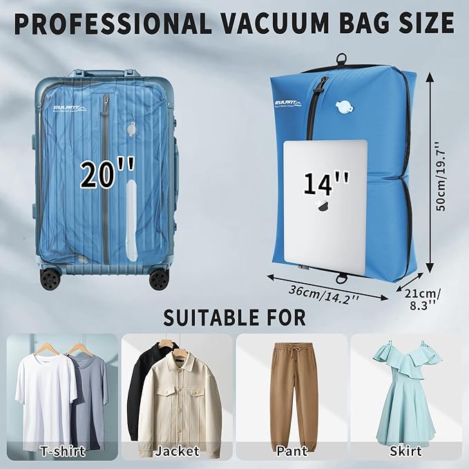 Reusable Vacuum Bags for Travel With Pump,Professional Waterproof IPX8 Zipper Vacuum Compression Bag for Suitcases Backpack,Space Saver Bags Packing Organizers for Clothing Packing(3 Pack,Blue)