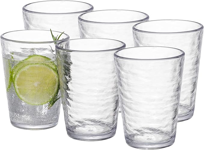 KLIFA- RIPPLE- 16 ounce, Set of 6, Acrylic Tumbler Drinking Glasses Cups, BPA-Free, Stackable Plastic Drinkware, Dishwasher Safe, Clear