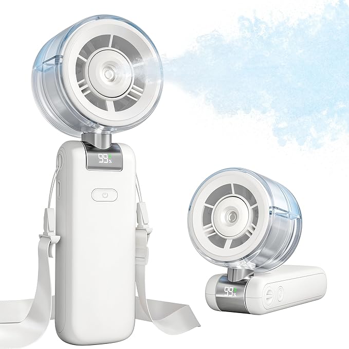 Misting Fan Portable - Handheld Turbo Fan with Mist, Spray Water Mister Fans, 4000mAh Rechargeable, 5-Speeds, Personal Gifts for Women Beach Travel Outdoor - White