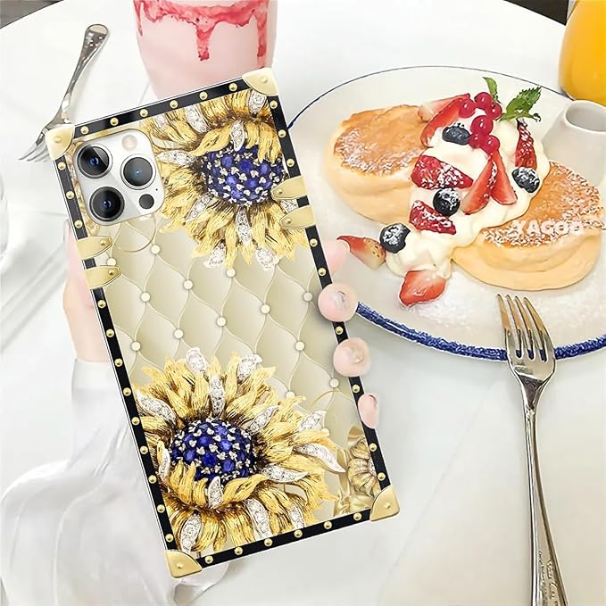 Compatible with iPhone 12 12 Pro Case, Sunflower Diamonds Leather Luxury Golden Decoration for Girl Women Soft TPU Shockproof Protective Hard PC Back for iPhone 12 12 Pro