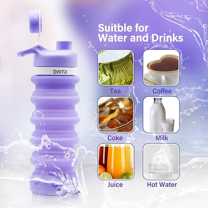 ONTA Collapsible BPA Free Silicone Water Bottle, 20oz - Portable, Leakproof, Easy Clean, Shatter Resistant, Travel Friendly