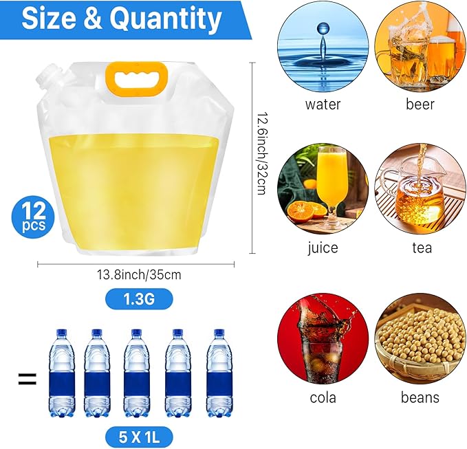 12 Pack Collapsible Water Container Bag 1.3 Gallon Emergency Foldable Water Container BPA Free Food Grade Plastic Storage Jug Freezable Water Bottle for Camping Hiking Riding Backpack
