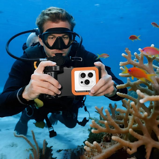Universal Underwater Diving Phone Case with Bluetooth Controller, IP68 50FT Waterproof for iPhone 17 (Standard Only), iPhone 16/15/14/13/12/11 & Galaxy S24/S23/S22, Black+Orange