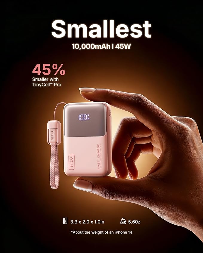 INIU Pocket Size Portable Charger, Ultra Small 10000mAh 45W PD Power Bank, Fast Charging Battery Pack, Travel Essentials Powerbank for iPhone 17 16 Pro Air, Xiaomi 17 Pro Max 16 15 14, Samsung S24 etc