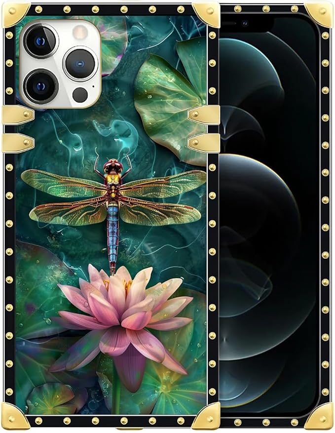 Compatible with iPhone 12 Pro Max Case, Colourful Dragonfly Pink Lily Pads Luxury Golden Decoration for Girl Women Soft TPU Shockproof Protective Hard PC Back for iPhone 12 Pro Max