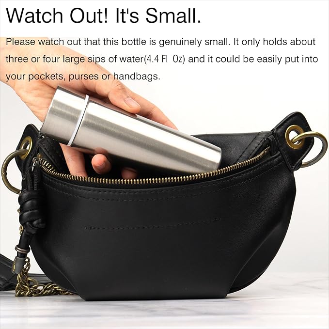 Cute Small Purse Water Bottle, 4.4 Fl. Oz, Mini Slim Flask for Kids Lunchbox, Portable Skinny Handbag Water Bottle, Vacuum Insulated Reusable Leak Proof Stainless Steel Cup