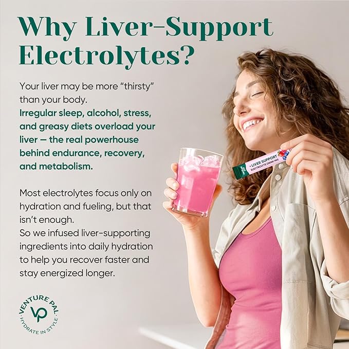 Venture Pal Hydration Packets + Liver Support- Liquid Daily IV Electrolyte Powder Packets with 7 Electrolytes & 5 Vitamins, Milk Thistle + L-Theanine | Sugar-Free | Keto Friendly | Vegan, 16 Sticks
