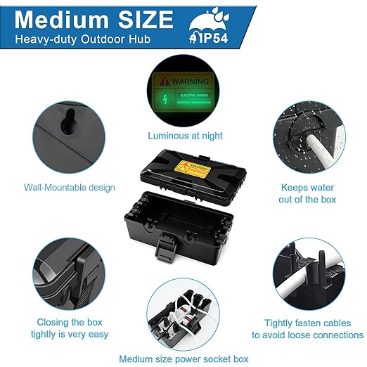NineLeaf [2 Pack] Outdoor Electrical Box Waterproof, Medium Weatherproof Electrical Box (10.3x5.9x3.7 inch), Extension Cord Cover for Power Strip, Timer, Plug, Holiday Light, Black