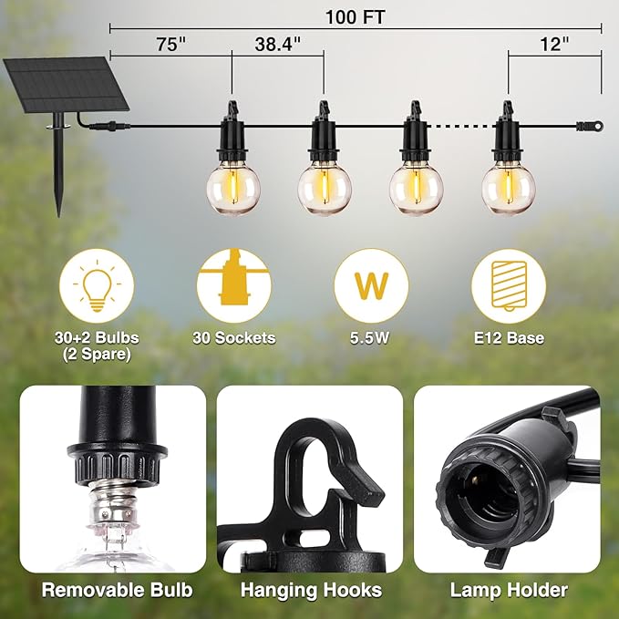 ZJOJO 100FT Solar Lights Outdoor Wateroproof, Solar String Lights with Remote USB Port 32 LED Shatterproof,Dimmable Outdoor Lights Long Last for Garden, Patio, Backyard, Yard, Camping Christmas Light