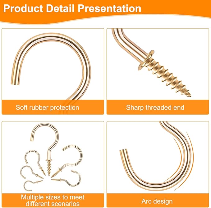 Cup Screw Hooks,1-1/2 inch Metal Screw in Ceiling Hooks,45 Pack Metal Ceiling Plant Hanger Hooks, Wind Chimes Hook Kitchen Cup Hook Great for Hanging Indoor & Outdoor Use(Golden)