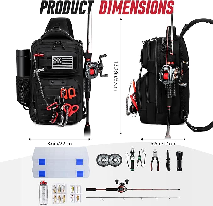 Fishing Sling Bag, Fishing Bag With Rod Holder Fixed Stickers, MOLLE System, Soft Bait & Gear Storage, Gift for Men Black