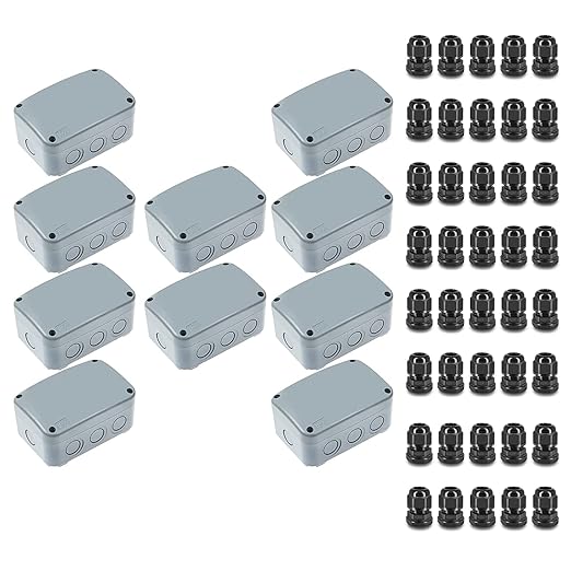 NineLeaf Outdoor Junction Box,IP66 Weatherproof Electrical Project Boxes PVC/ABS Plastic Enclosure Box Universal Watertight 4.9 x 3.3 x 2.3 inch (125x86x62mm), with 4PK 20mm Cable Gland Grey(10 Sets)