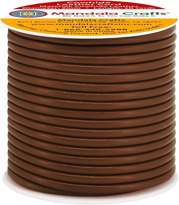 Mandala Crafts Round Cowhide Genuine Brown Leather Cord for Jewelry Making Kumihimo Leather Rope Spool - Brown String Lace - 20 Yds 2mm Cording