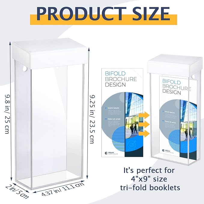 Remerry 2 Pieces Acrylic Outdoor Brochure Holder 4 x 9 Inch Waterproof Wall Mount Literature Box with White Lid Clear Pamphlet Holder for Pamphlet Map Menu Display