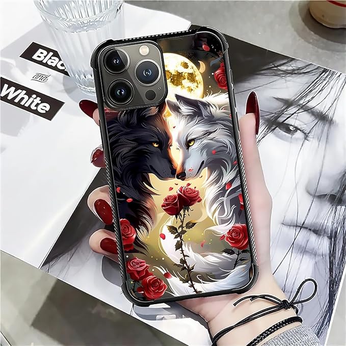 for iPhone 16 Pro Max Case, Black White Wolf Moon Flower Rose Pattern Graphic Design Girl Boy Soft Silicone Hard Acrylic Shock Protection for iPhone 16 Pro Max