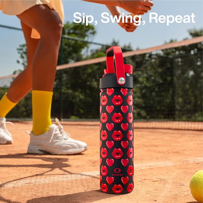 ENCOOL Valentine's Day Insulated Water Bottle with Straw Stainless Steel Water Bottle, Leak-Proof, BPA-Free, Keeps Cold for 24 Hours for Sports, Travel, School (26 oz, Kiss Hearts Red x Black)