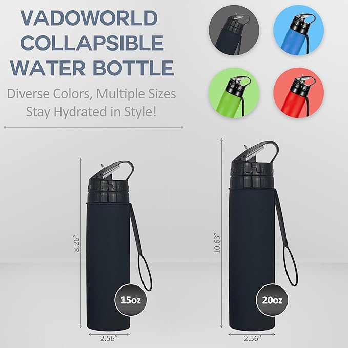 Collapsible Water Bottles 20oz, Odorless BPA-Free Silicone, Leak-Proof Foldable Reusable Bottle - Perfect for Cruise Travel Sports Gym Hiking Camping Cycling - Black