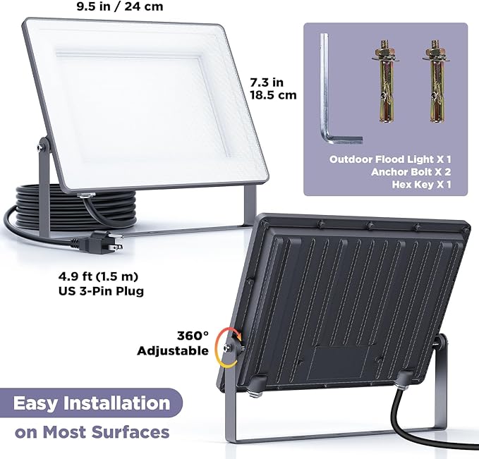 100W 12000LM Flood Lights Outdoor, Bright LED Work Light with Plug, 6500K Daylight White LED Flood Lighting, Security Yard Lights, Waterproof for Garage, Yard, Porch 1 Pack