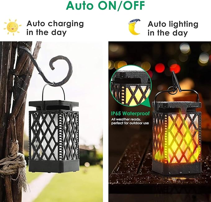 TomCare Solar Lights Outdoor Flickering Flame Solar Lantern Outdoor Hanging Lanterns Decorative Outdoor Lighting Solar Powered Waterproof LED Flame Lights for Patio Garden, 2 Pack(Black)