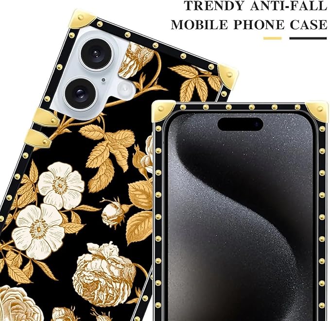 Compatible with iPhone 16 Plus Case, Blooming Rose Golden Flower Luxury Golden Decoration for Girl Women Soft TPU Shockproof Protective Hard PC Back for iPhone 16 Plus