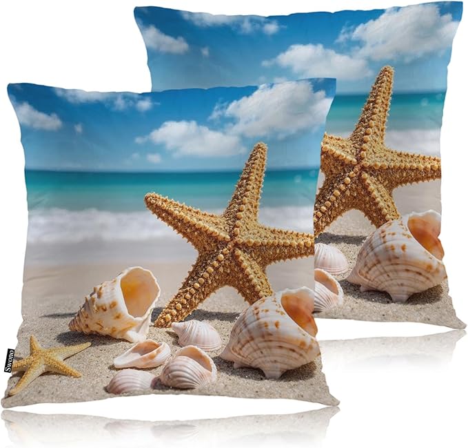 Swono Starfish Decorative Throw Pillow Cushion Covers, Ocean Beach Starfish Seashells Cosy Pillowcase Home Decor, Double-Sided Printed Pillow Covers for Bedroom Livingroom Office 18x18 Set of 2