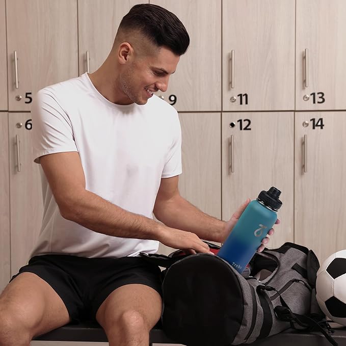 Trebo 32 oz Water Bottle Insulated with Paracord Handle and Straw, Vacuum Triple Wall Stainless Steel Water Jug Keep Cold 48 Hours, Water Flask with 3 Lids for Men women Sports Travel gift, Cyan Blue