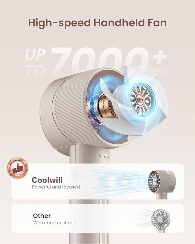 Portable Mini Handheld Turbo Fan, 4 Speed High Velocity Personal Cooling Device [Max 16H], Rechargeable Purse Travel Essential for Vacation/Beach/Trip - Beige