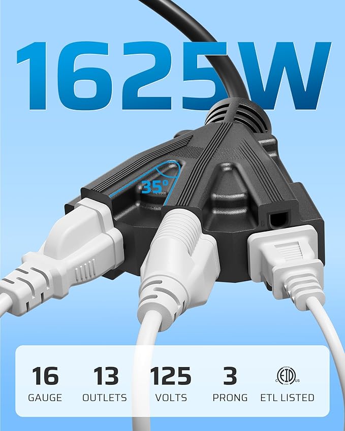 DEWENWILS 15FT Outdoor Extension Cord, Tri-Tap Extension Cord Splitter, 3 Outlet 16/3 SJTW Power Cable for Landscape Lighting String Lights, 13A/125V/1625W, ETL Listed, Black, 1 Pack
