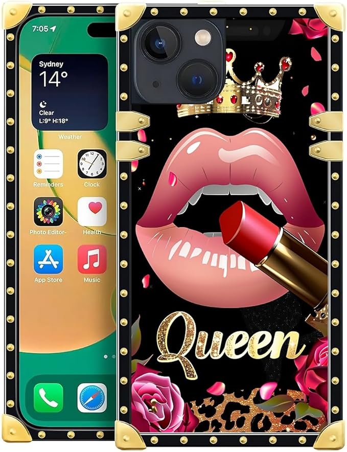 Compatible with iPhone 14 Case, Glitter Red Rose Queen Leopard Lipstick Luxury Golden Decoration for Girl Women Soft TPU Shockproof Protective Hard PC Back for iPhone 14