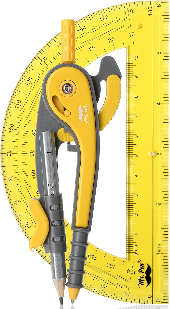 Mr. Pen- Geometry Compass and Protractor Set, 6 Inch Compass, 6 Inch Protractor, Drawing Tool for School, Clear Plastic, Easy Grip, Precision Design for Math, Art, Drafting, Architecture