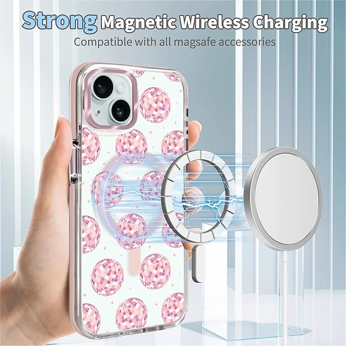 Case for iPhone 13/14,[Compatible with MagSafe],Disco Balls Pink Phone Case Design，for Women Girls Magnetic Clear Cover - Slim, Sleek, & Shockproof Protection
