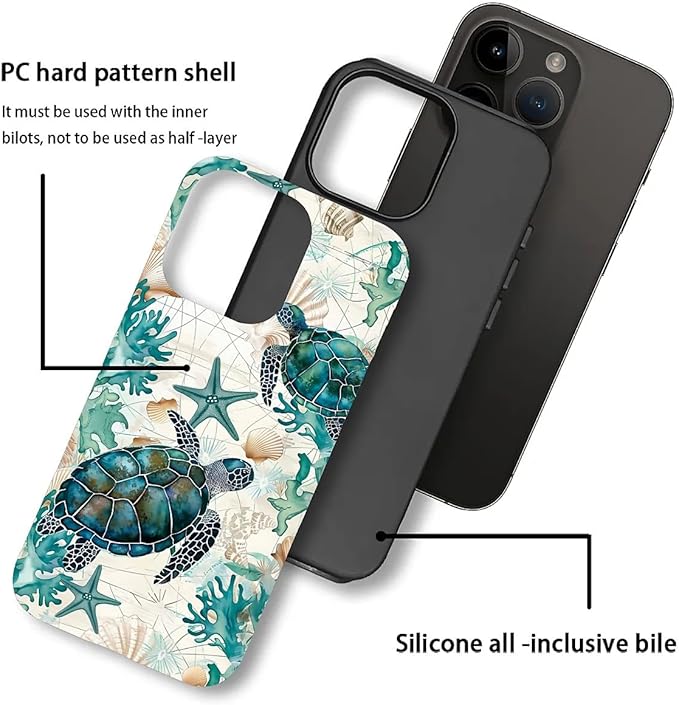 for iPhone 12/12 Pro Case,HH2 Ocean Sea Turtle Nautical Map Hybrid 2 Layer Hard Shell Silicone Protective Pattern Design Case