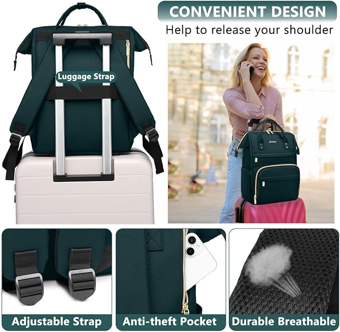 Focdod Laptop Backpack for Women Work Bags - 15.6 Inch Professional Womens Travel Backpack Purse Computer Laptop Bag Nurse Teacher Backpack Waterproof Carry on Back Pack Dark Green