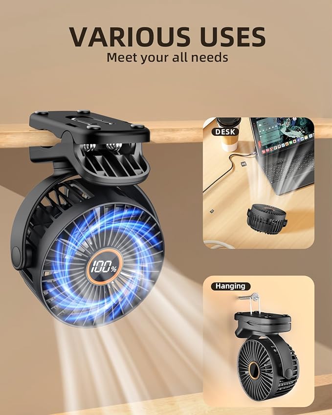TUNISE Mini Clip on Fan, Battery Operated Desk Fan, Digital display，3 Speeds Adjustable, Bidirectional 360 ° Adjustable, Super Strong Wind, Portable Fan for Home Office Stroller Camping Black