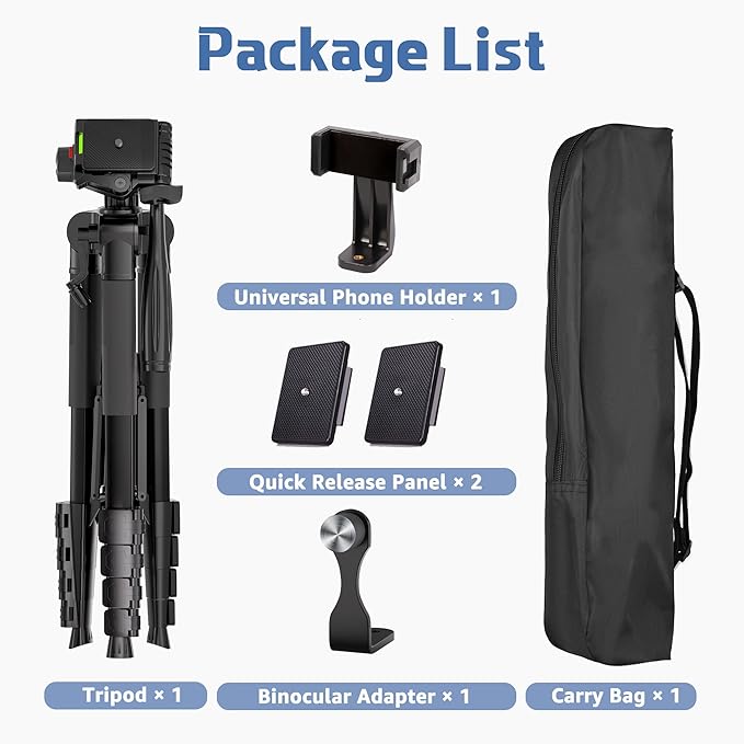 Binocular Tripod, 72” Spotting Scope Tripod Stand with Binocular Adapter and 2 QR Plates, Travel Camera Stand with Phone Holder/Carry Bag, Compatible with Binoculars/Spotting Scope/Camera/Phone