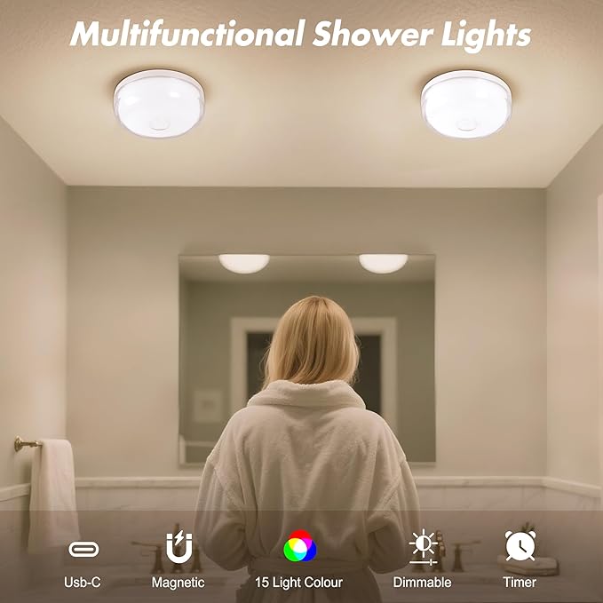 4-Pack Rechargeable Shower Light No Wiring, 15 RGBW Color Changeable Waterproof Lights for Shower with Remote(Dimmable＆Timer), LED Light for Inside Shower, Wireless Mood Lighting for Bathroom, White