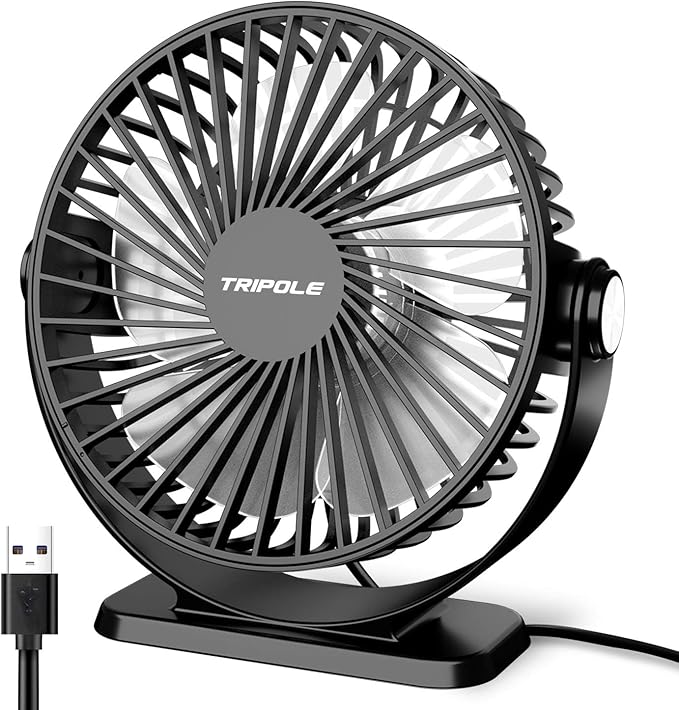 TriPole Small Desk Fan USB Powered Portable Fan 3 Speeds Strong Airflow Mini Fan 360°Rotation Personal Table Fans for Home Office Bedroom Desktop, 5.1 Inch Black, 4.9ft Cable