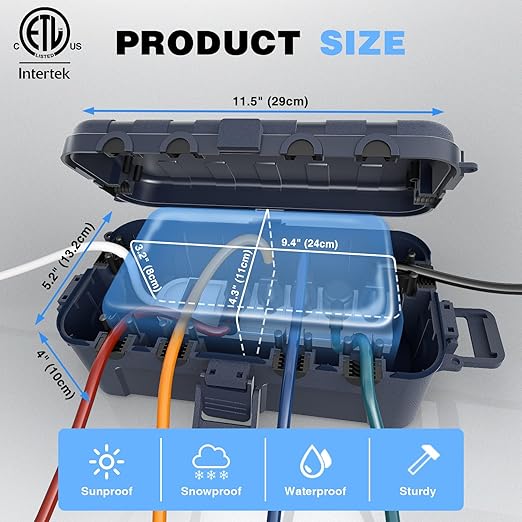 Flemoon [2 Pack] Outdoor Electrical Box Waterproof, Medium Weatherproof Electrical Box (11.5x5.2x4 inch) w/6 Cable Entry Ports, Extension Cord Cover for Power Strip, Timer, Plug, Holiday Light, Gray