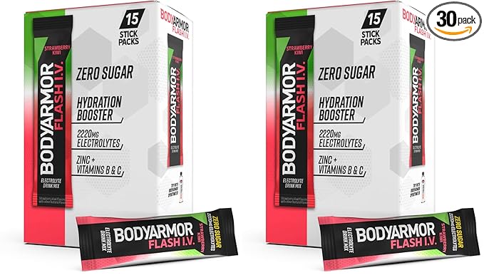 BODYARMOR Flash IV Electrolyte Packets,Strawberry Kiwi - Zero Sugar Drink Mix,Single Serve Packs,Coconut Water Powder,(Pack of 30)