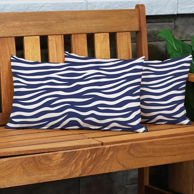 EKOBLA Zebra Stripe 12x20 Pillow Case Distressed Navy Blue White Animal Skin Print Wave Decorative Pillow Covers Cotton Linen Cushion Cover for Home Sofa Couch Decor 12x20 Inches