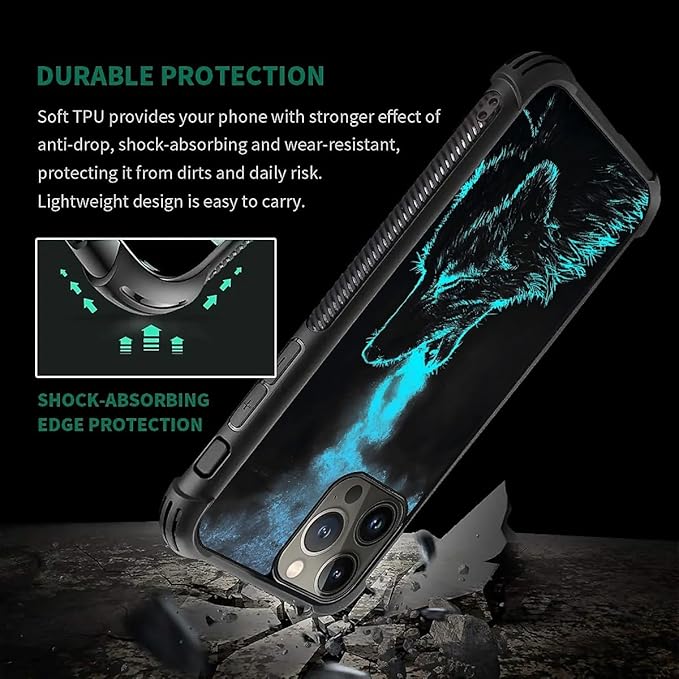 for iPhone 15 Pro Case, Blue Breathing Wolf Pattern Graphic Design Girl Boy Soft Silicone Hard Acrylic Shock Protection for iPhone 15 Pro