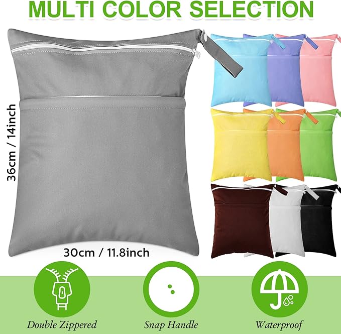 Woanger 10 Pack Wet Dry Bags for Baby Cloth Diapers Waterproof Reusable Travel Bags with Two Zippered Pockets Pool Beach Pouch for Swimsuit Beach Pool Daycare Yoga Gym Dirty Wet Clothe (Vivid Color)